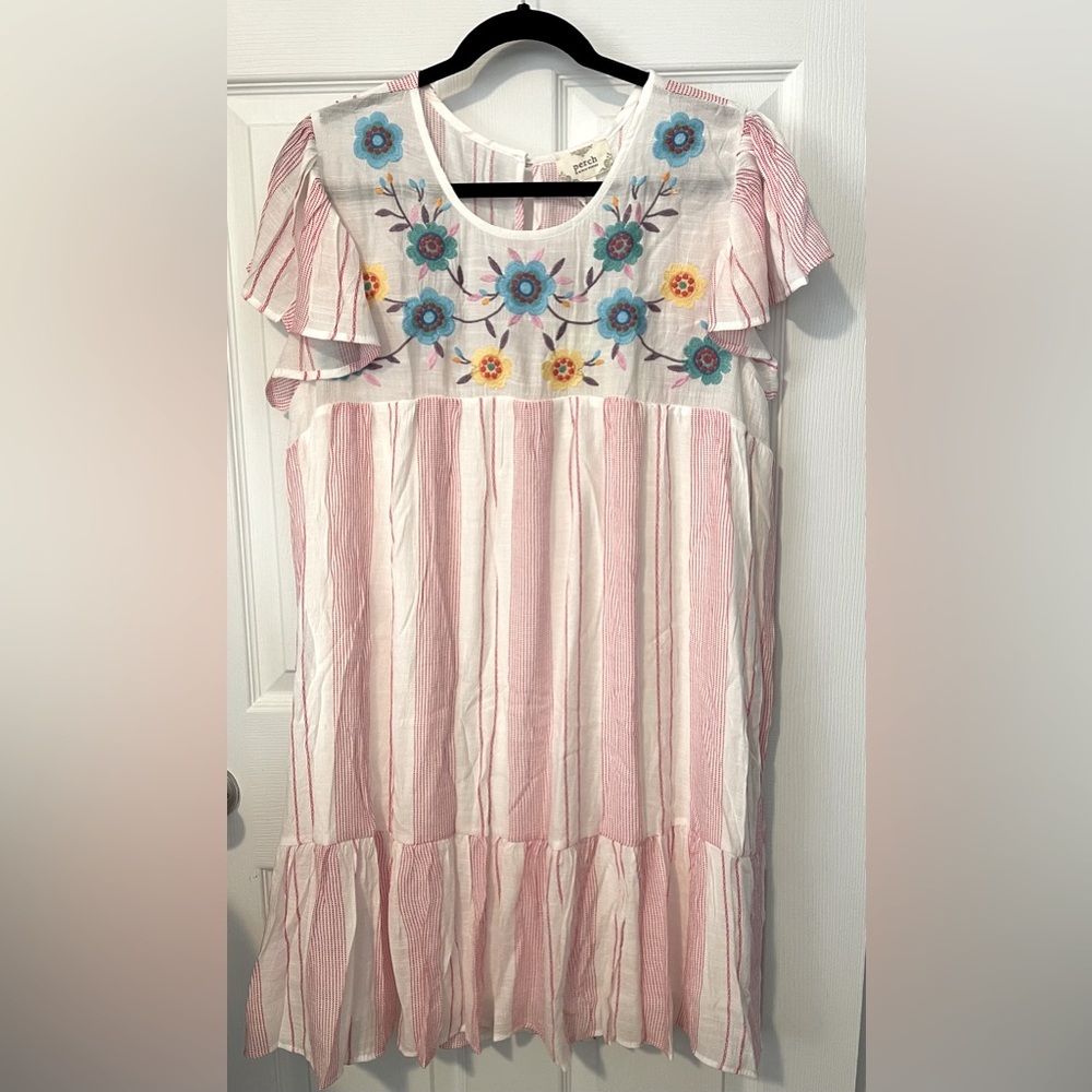 PERCH by Blu Pepper Embroidered Pink Ruffle Sleeve Boho Dress Size 1XL
